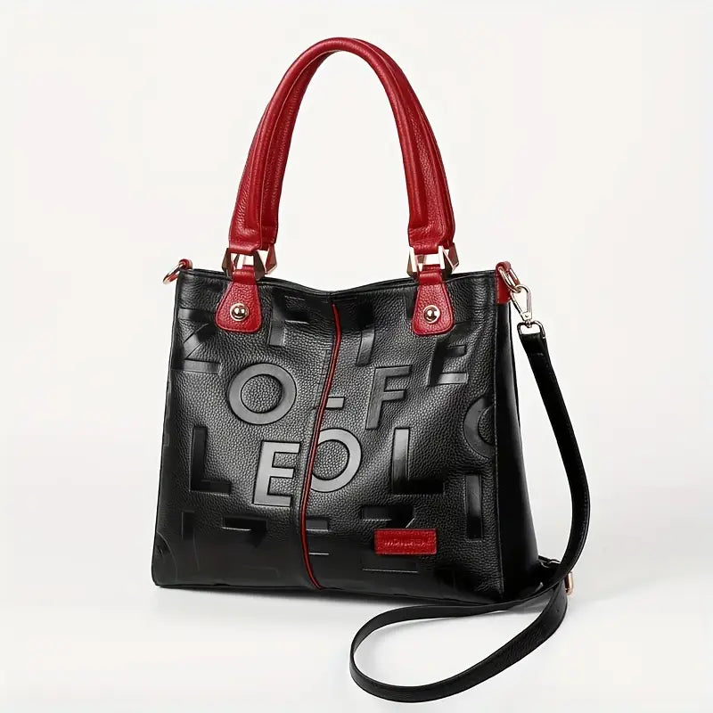 Luxury Leather Tote Bag – Black with Red Accents, Large Capacity, Zipper Closure