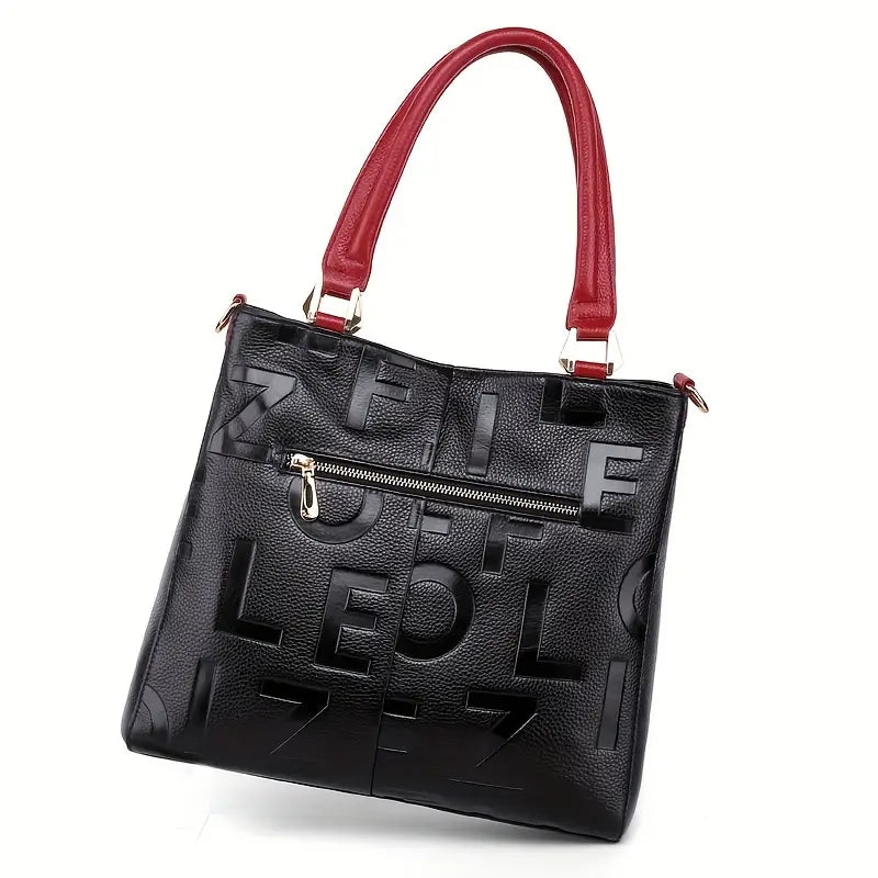 Luxury Leather Tote Bag – Black with Red Accents, Large Capacity, Zipper Closure