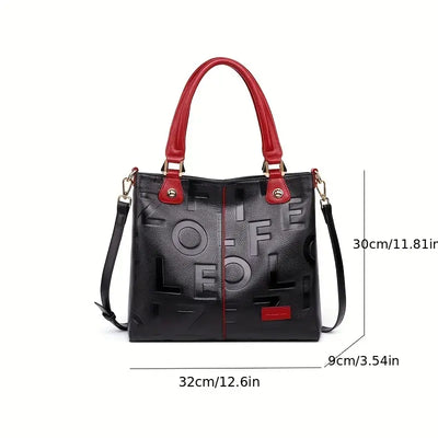 Luxury Leather Tote Bag – Black with Red Accents, Large Capacity, Zipper Closure