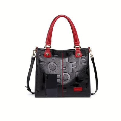 Luxury Leather Tote Bag – Black with Red Accents, Large Capacity, Zipper Closure