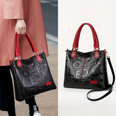 Luxury Leather Tote Bag – Black with Red Accents, Large Capacity, Zipper Closure