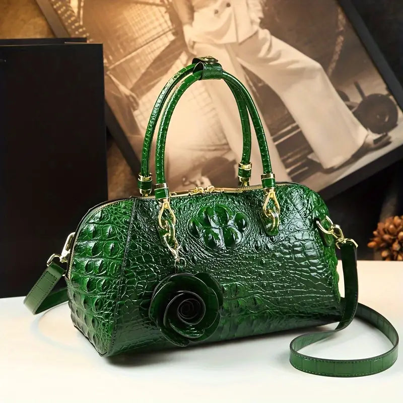 Exquisite Crocodile Embossed Satchel – Luxury Women’s Top Handle Crossbody Boston Bag