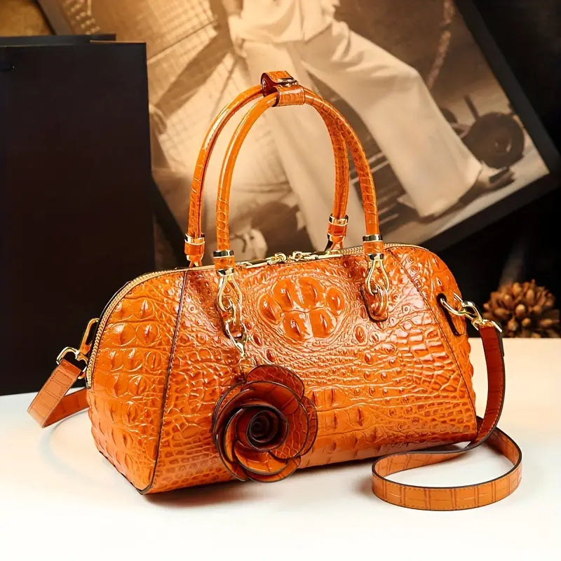 Exquisite Crocodile Embossed Satchel – Luxury Women’s Top Handle Crossbody Boston Bag