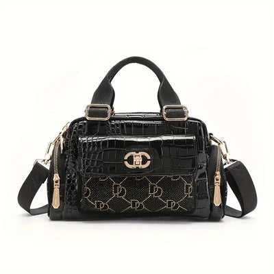 Luxury Crocodile-Patterned Faux Leather Handbag – Rhinestone Details, Anti-Theft Crossbody & Versatile Travel Tote