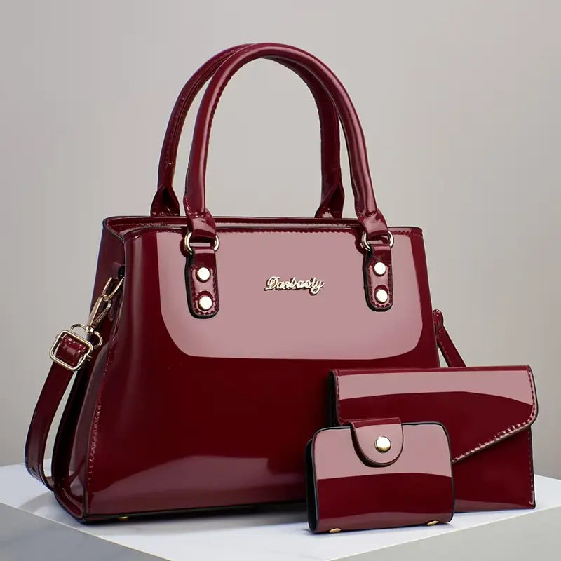 Luxury Patent Faux Leather Handbag Set – Solid Color Collection with Satchel, Crossbody, and Tote