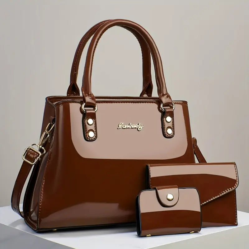 Luxury Patent Faux Leather Handbag Set – Solid Color Collection with Satchel, Crossbody, and Tote